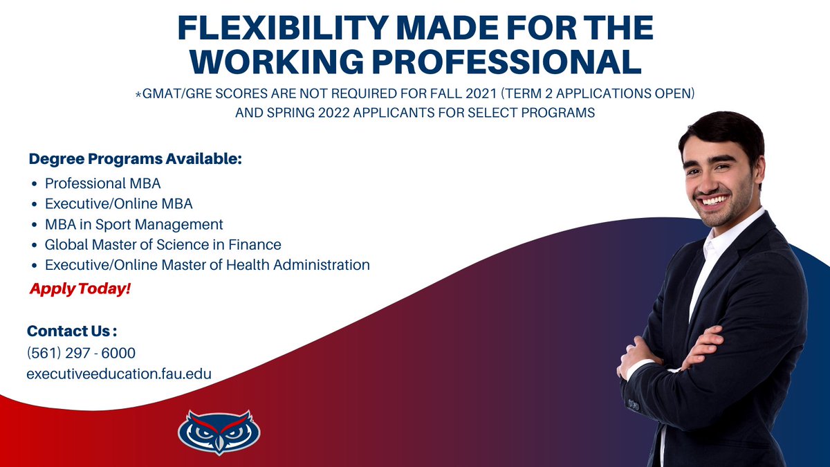 FAU ExecEd includes flexible scheduling, countless networking opportunities, real-world applicability, and dedicated staff ready to work with you so you can succeed. Take advantage of the GMAT/GRE waiver; for select programs. APPLY NOW! 

Learn more: business.fau.edu/executive-educ…