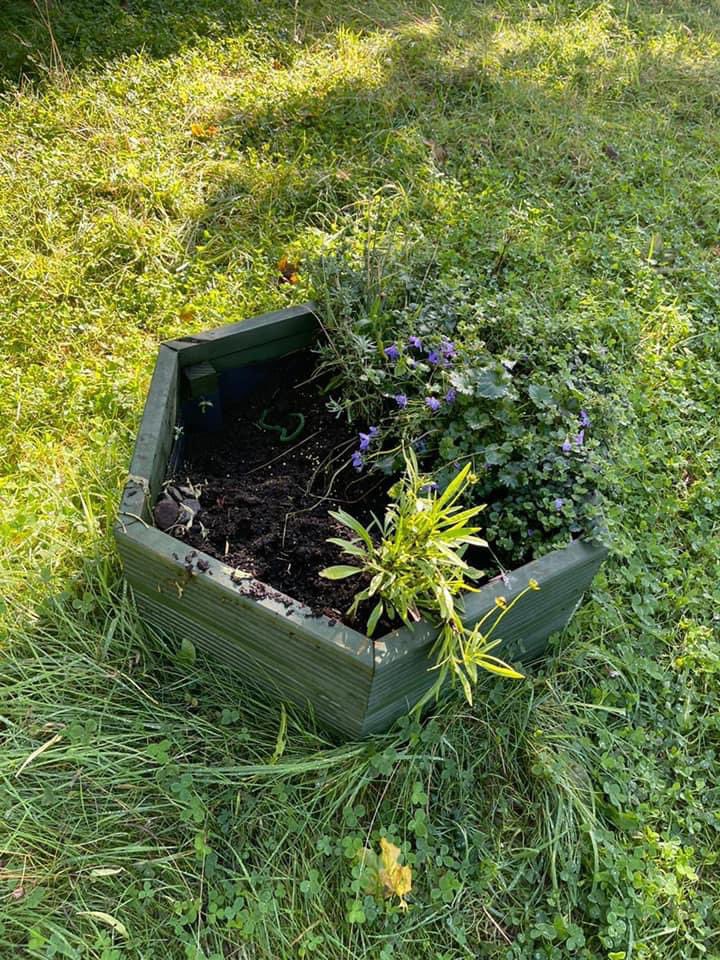yorkhillgreen's tweet photo. Horrific to see vandalism of the lovely #BeeGarden planters and bug hotel #GreenRoof at bottom of Ferry Road last night. Please get in touch if you saw anything. Sad end to #ClimateFringeWeek https://t.co/9IWf4Itw9T