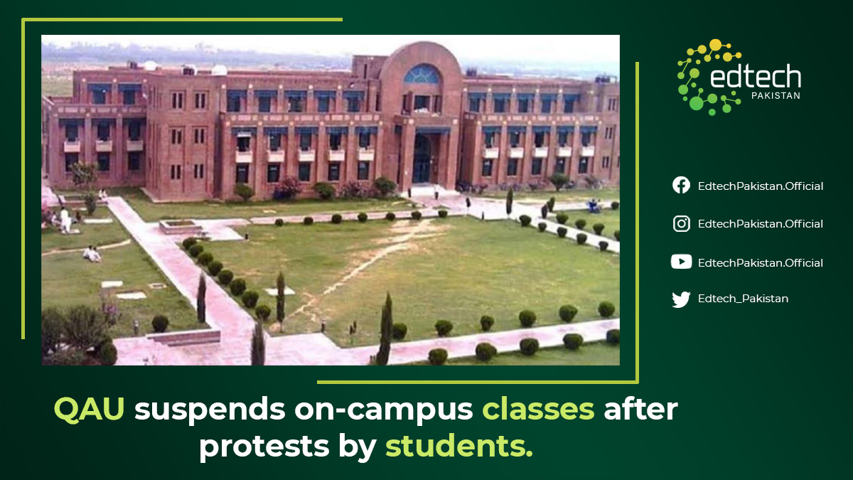 Edtech_Pakistan's tweet photo. According to a notification issued by the university, the classes will be conducted in online mode until further notice is given due to protests forcing the closure of the institution. 

#Edtechpakistan #edtech #closure #suspend #online #classes #mode #protest #students https://t.co/hX3nvNh1MF