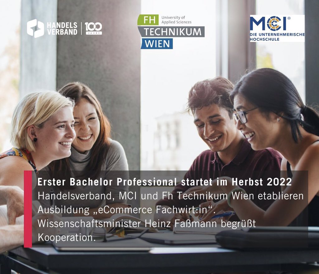 Gerald Kuehberger (@g_kuehberger) on Twitter photo Das Warten hat ein Ende. Im Oktober 2022 starten <a href="/handelsverbandA/">Handelsverband AT</a>, MCI und @FHTechnikumWien die ersten „eCommerce Fachwirt:in“ Hochschullehrgänge mit Abschluss Bachelor Professional in Österreich.
handelsverband.at/presse/pressea… Das Warten hat ein Ende. Im Oktober 2022 starten <a href="/handelsverbandA/">Handelsverband AT</a>, MCI und @FHTechnikumWien die ersten „eCommerce Fachwirt:in“ Hochschullehrgänge mit Abschluss Bachelor Professional in Österreich.
handelsverband.at/presse/pressea…