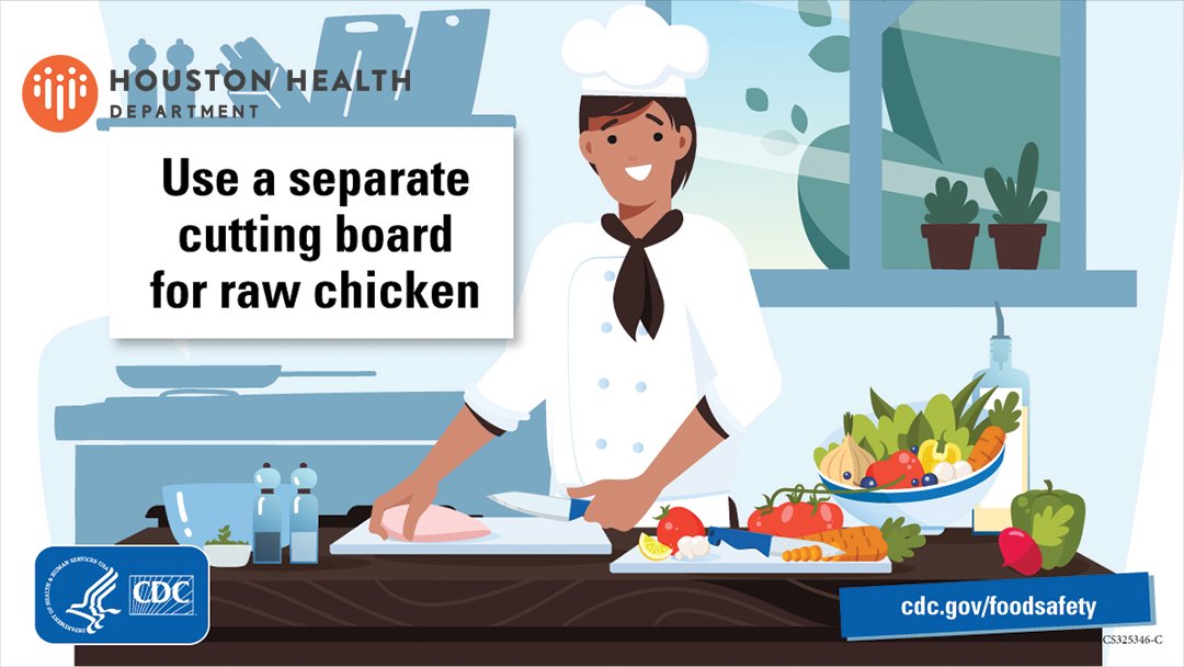 HoustonHealth's tweet photo. One of the best ways to cook safe is handling uncooked meat the right way. Avoid contamination by using a separate cutting board for raw chicken. Use a sharpie to remind yourself which one to use. #FoodSafetyEducationMonth #FSEM2021 https://t.co/RkZWwAwvR6