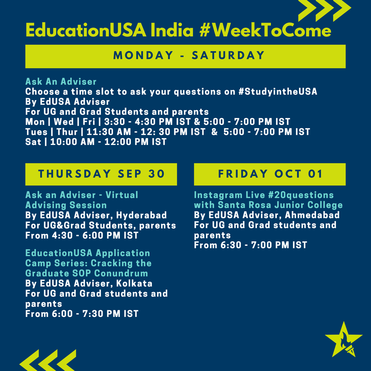 EdUSA_India's tweet photo. Mark your calendars! Check out our lineup of events for the week of Sep 27 - Oct 1.Stay on top of your US application process with #EducationUSAIndia. Register here https://t.co/IouXSkkF2q
#EdUSAEvents #StudyintheUSA #EducationUSA #intled #EdUSAIndiaatHome #USHigherEd #weektocome https://t.co/MasJ0i5TTn