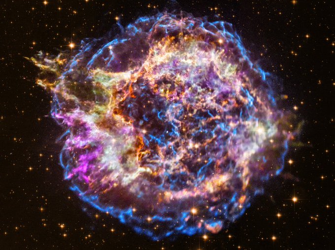 Expanding debris cloud known as Cassiopeia A showing light from the explosion which created this supernova remnant would have been first seen in planet Earth's sky about 350 years ago, although it took that light about 11,000 years to reach us. This false-color image, composed of X-ray and optical image data from the Chandra X-ray Observatory and Hubble Space Telescope, shows the still hot filaments and knots in the remnant. It spans about 30 light-years at the estimated distance of Cassiopeia A. High-energy X-ray emission from specific elements has been color coded, silicon in red, sulfur in yellow, calcium in green and iron in purple, to help astronomers explore the recycling of our galaxy's star stuff. Still expanding, the outer blast wave is seen in blue hues. The bright speck near the center is a neutron star, the incredibly dense, collapsed remains of the massive stellar core. 