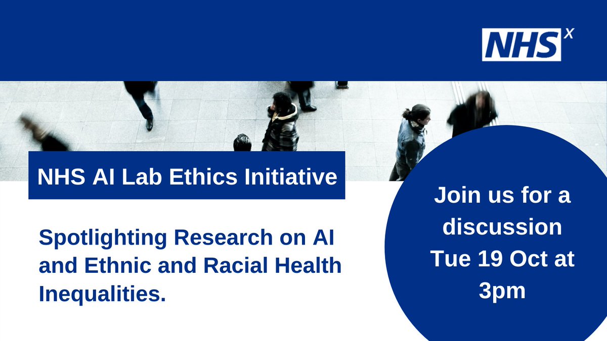NHSTransform's tweet photo. Interested in how we ensure AI accounts for the needs of diverse communities? Join @NHSX, @HealthFdn and @NIHRresearch as we showcase the winning projects of our AI and Ethnic and Racial Health Inequalities competition at 3pm on 19 October 🔽
https://t.co/frTZWc3iOF https://t.co/wLlNhGS6oK