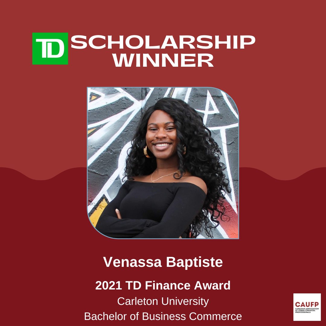 caufp's tweet photo. Celebrating another CAUFP Youth Summit Scholarship winner. Congratulations Venassa Baptiste on receiving the 2021 @TD_Canada Finance Award.
#scholarship #student #leadership #excellence #td #caufp https://t.co/MWUTXKJSbg