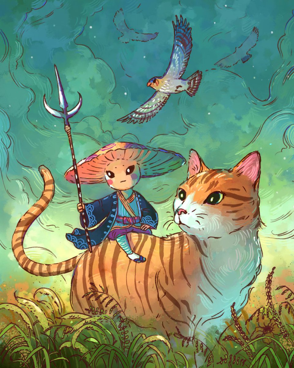 jramseyi's tweet photo. Artwork of a traveling mushroom and their trusted cat. https://t.co/QrVeEKyBv4
