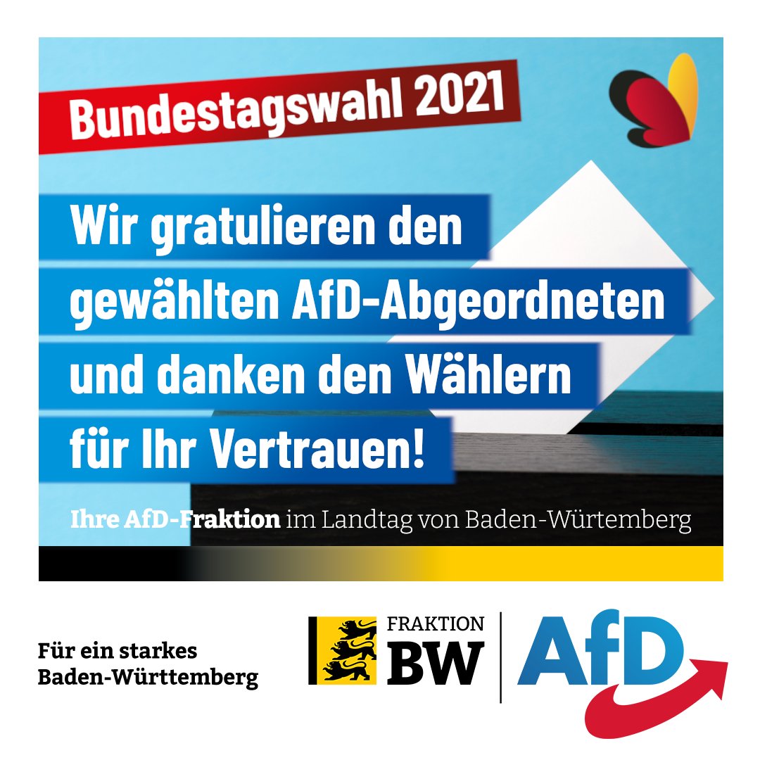 +++ #Gratulation den gewählten #AfD-#Abgeordneten der #Bundestagswahl2021 +++

Wir gratulieren den gewählten AfD-Abgeordneten zu Ihrem Einzug in den 20. Deutschen Bundestag und #danken den #Wählern für Ihr #Vertrauen!

bundeswahlleiter.de/bundestagswahl…