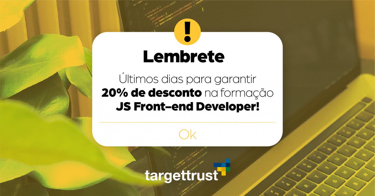 TargetTrust's tweet photo. 🟡 Aproveite 20% OFF na Formação JS Front-end Developer! 🟡 Saiba mais e inscreva-se: https://t.co/9HakjN285I │ #curso #javascript #react #desenvolvimento https://t.co/emjFdbzEqf