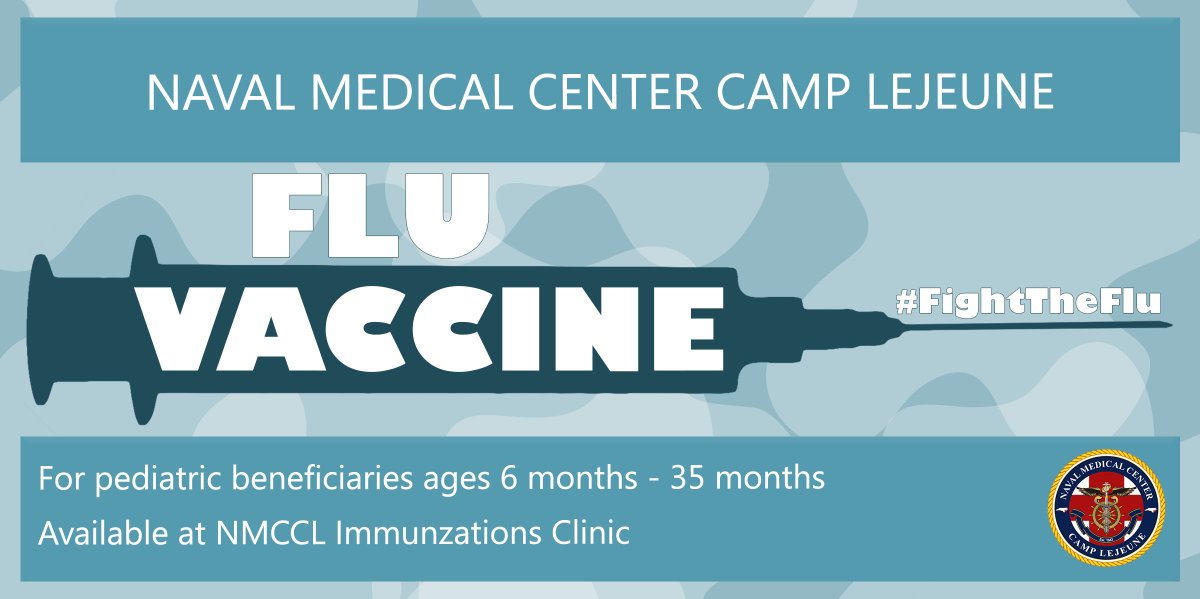 NMCCLejeune's tweet photo. NMCCL has received a limited amount of this yearβs flu vaccine for pediatric beneficiaries 6 months β 35 months.
You can get your little oneβs vaccine at the NMCCL Immunizations Clinic:
Mon - Thurs 8 a.m. β 4 p.m.
Fri 8 a.m. β Noon, 2 p.m. β 3:30 p.m.
#StopTheFlu https://t.co/uqjzI8W4bb