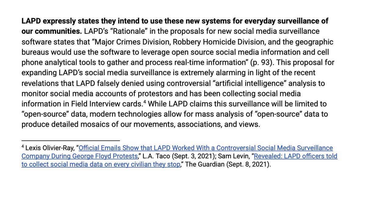 stoplapdspying's tweet photo. LAPD also wants over $2 million for new staff who will monitor social media, plus $450,000 in new surveillance software that “provide a more holistic background on target subjects." They openly admit that this software will be used for everyday surveillance. https://t.co/vzqYcc7wlL