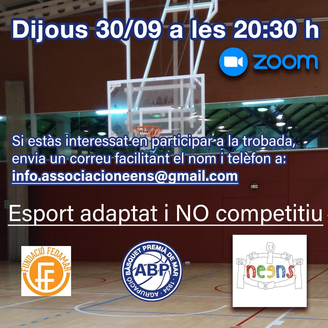 ABPremia's tweet photo. Dijous 30/09 a les 20.30 h, junt amb @MaresParesNee i @fundaciofedamar dedicada a l'esport adaptat per persones amb diversitat funcional, farem una trobada telemàtica via Zoom, per a tots els interessats en rebre informació i resoldre dubtes respecte a les activitats ⚽ i 🏀 https://t.co/d5TaUgvtm2