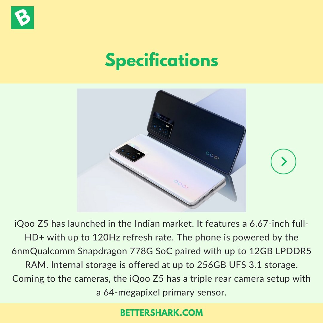 Bettershark's tweet photo. The iQoo Z5 packs a 5,000mAh battery with 44W flash charge support. The phone has a side-mounted fingerprint sensor and also supports Face Wake facial recognition. 

Follow us for more such updates.

#Bettershark #Fullyloaded #iQOOZ5 https://t.co/jQCrOO0xHc