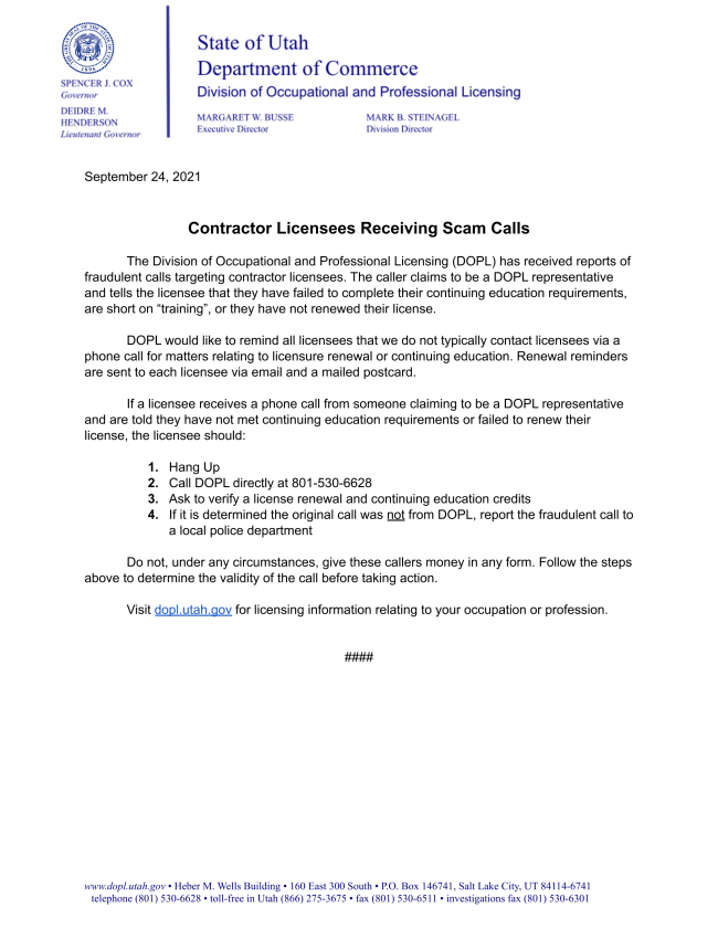 UtahHBA's tweet photo. Contractor CE/DOPL phone call scam https://t.co/bppg3CLMqf