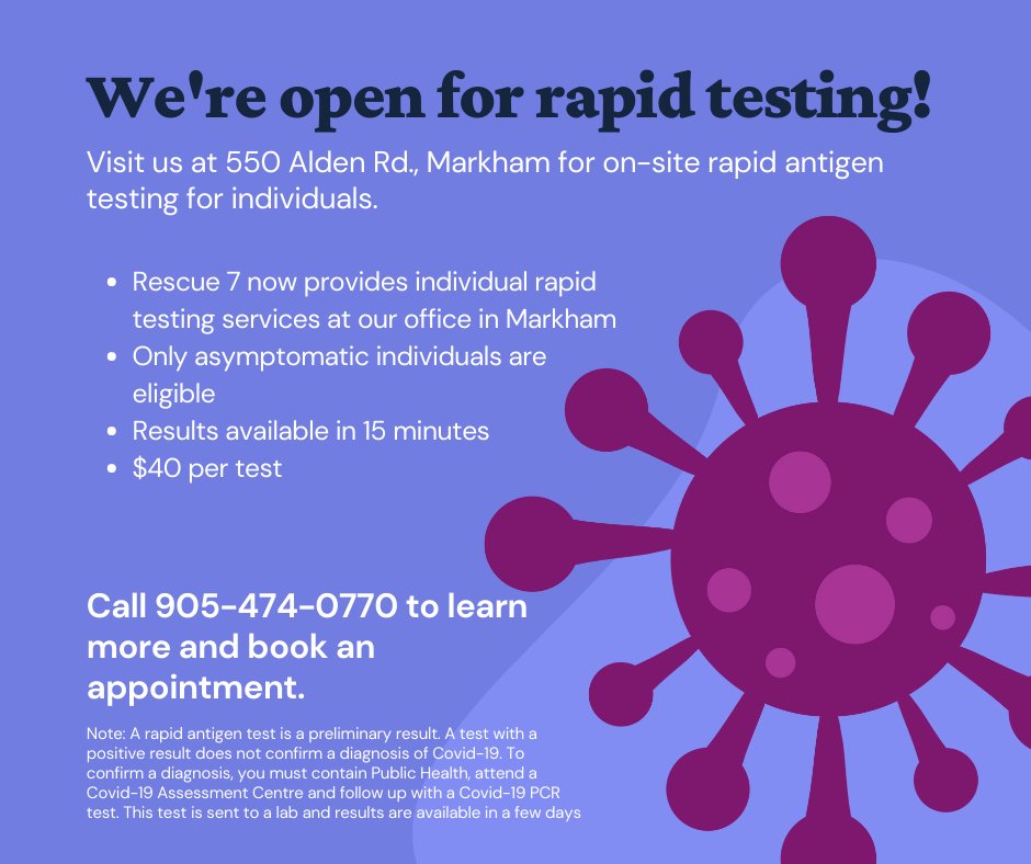 It's official: We're open for on-site rapid antigen testing for individuals! 👉 Only available for asymptomatic individuals 👉 Results available in 15 minutes 👉 $40 per test Call 905-474-0770 to learn more and book an appointment.