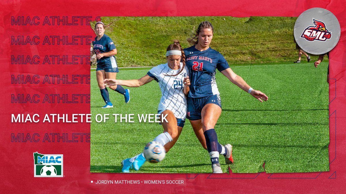 Congrats to @WSoccerSMUMNs Jordyn Matthews on being named MIAC Athlete of the Week!! Matthews scored all three goals in the Cardinals' two games last week — a 2-1 win over St. Catherine &amp; a 2-1 loss to UW-Stout | Release: saintmaryssports.com/news/2021/9/27…