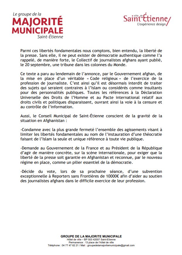 [#Vœu #ConseilMunicipal] 
Le Conseil Municipal de Saint-Étienne conscient de la gravité de la situation en Afghanistan condamne les atteintes à la liberté d’expression. #presse #Afganistan #Reuters #Reporteurssansfrontiers