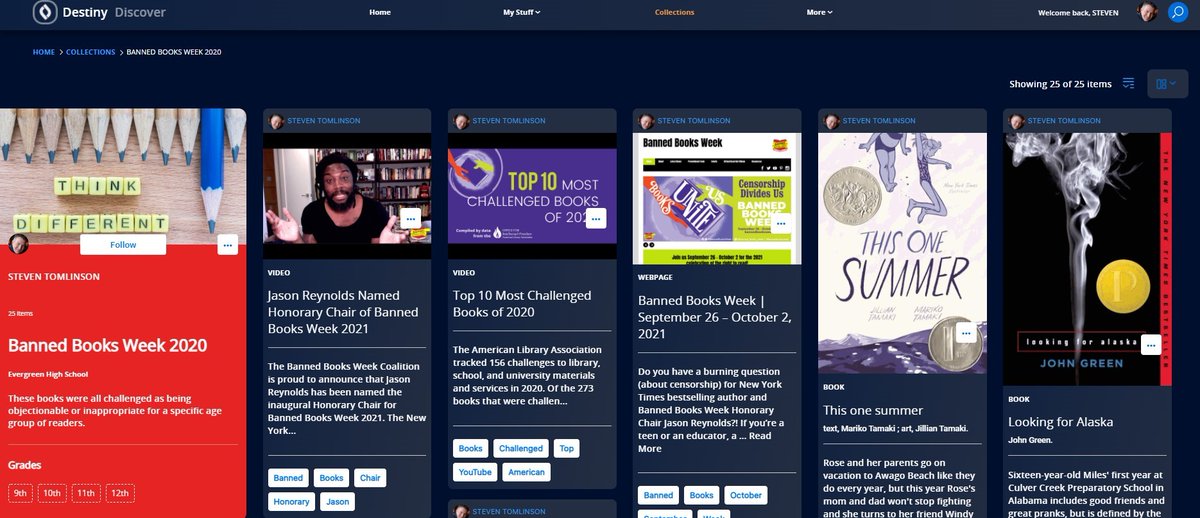 📚Hey all, it's Banned Books Week🔥  Here's what we shared with our staff using a #Follett Destiny Collection.  Don't forget to jump on Facebook tomorrow at 11am PDT to ask <a href="/JasonReynolds83/">Jason Reynolds News</a> your questions about the freedom to read!  <a href="/EHSLib/">Your EHS Library</a> #BannedBooksWeek2021 <a href="/EpsLibraries/">EPS Libraries</a>