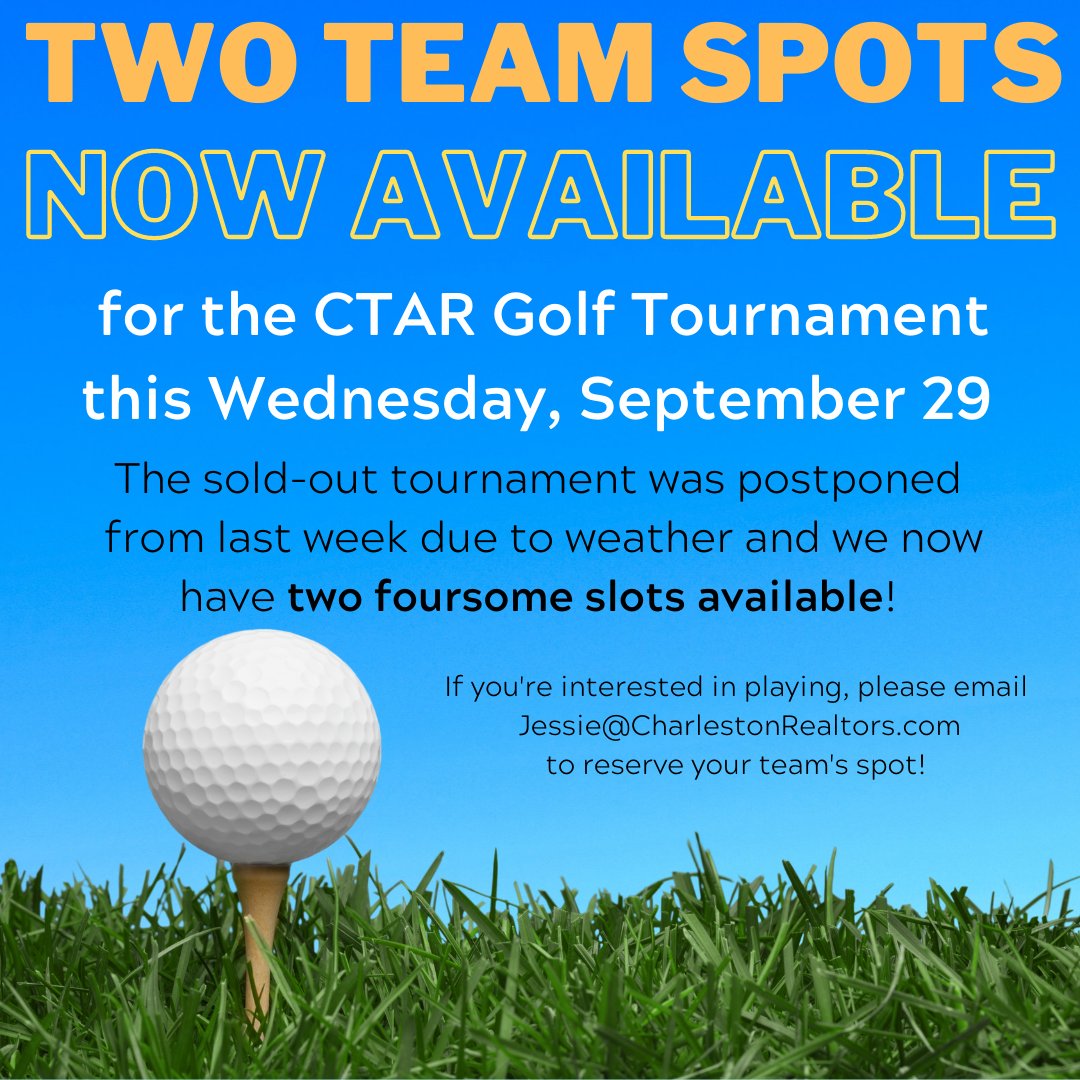 ChasREALTORS's tweet photo. It's a gorgeous week for golf! ⛳ The CTAR Golf Tournament was rescheduled for THIS Wednesday at the Muni and we have two foursome spots now available! Email Jessie@CharlestonRealtors.com if you want in on this great event! #chs #chsrealtors #ctar #chsrealestate #chsgolf https://t.co/eDrErPjIOg