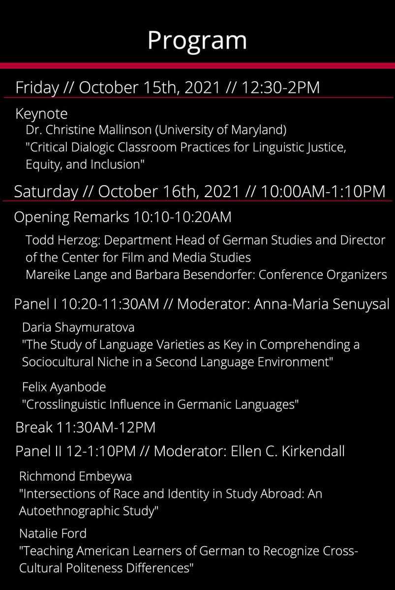 Join us for the 25th Annual Focus on German Studies Graduate Student Conference, "Speaking Identity – Identity in Second Language Studies," on October 15th and 16th! The conference is virtual, free, and open to the public, including the keynote by @clmallinson. <a href="/UC_ArtSci/">UC_ArtSci</a>