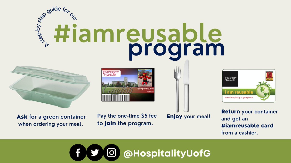 HospitalityUofG's tweet photo. A step-by-step guide for joining our #IAmReusable program ⬇️

➡️ Ask for a green container when ordering your meal
➡️ Pay the one-time $5 fee to join the program
➡️ Enjoy your #UofGCampusFood
➡️ Return your container &amp; get a program card from a cashier to use with your next meal https://t.co/Mf6GtT7Yjz