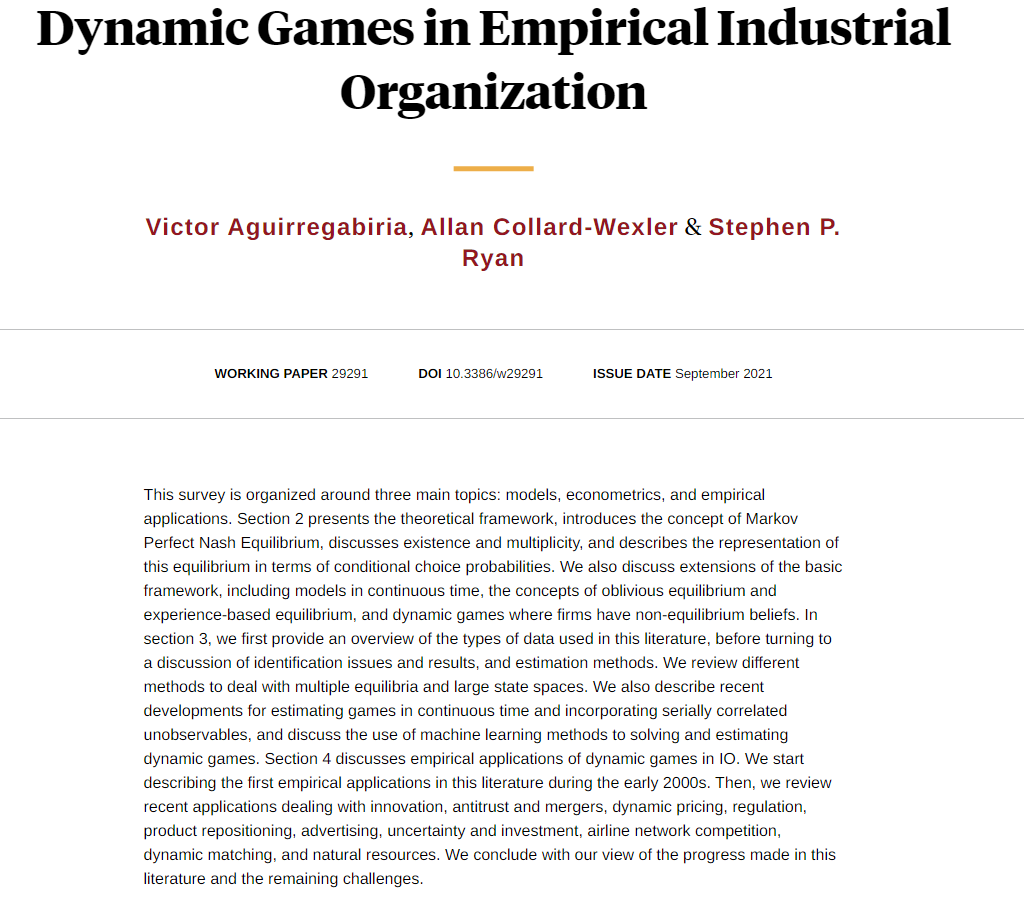 nberpubs's tweet photo. A survey of recent work in empirical industrial organization on dynamic games, from Victor Aguirregabiria, Allan Collard-Wexler, and Stephen P. Ryan https://t.co/uPS6RFrCE9 https://t.co/39KdDY1H1O