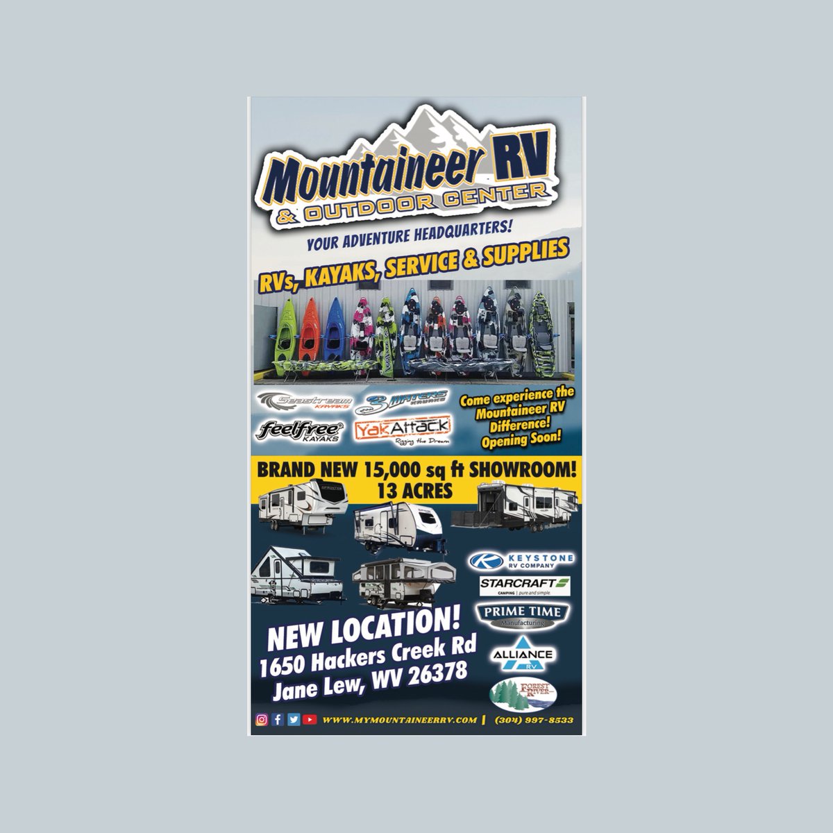 MountaineerRv's tweet photo. ‼️ARE YOU READY‼️

OPEN TOMORROW😆

✨NEW LOCATION✨
🔹13 ACRES
🔸15,000 SQFT SHOWROOM FACILITY
🔹LARGEST PARTS SELECTION IN WEST VIRGINIA
🔸11 SERVICE BAYS
🔹WEST VIRGINIA'S LARGEST RV COLLISION CENTER

NEW ADDRESS ⬇️
🔺1650 HACKERS CREEK RD, JANE LEW, WV, 26378

#WestVirginia https://t.co/9HJ6z7N7df