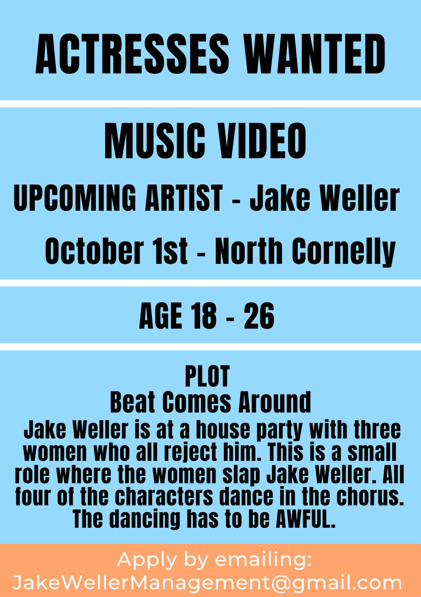 Jakelweller's tweet photo. LAST CALL
Jake Weller &amp; Co. - Music Team

Although this role isn't paid, we are having multiple music videos for the album release that will be paid.

#music #actress #actresswanted #arts #theatrepeople #newtalent #artist #newartist #newsingle https://t.co/zAABsInT5q