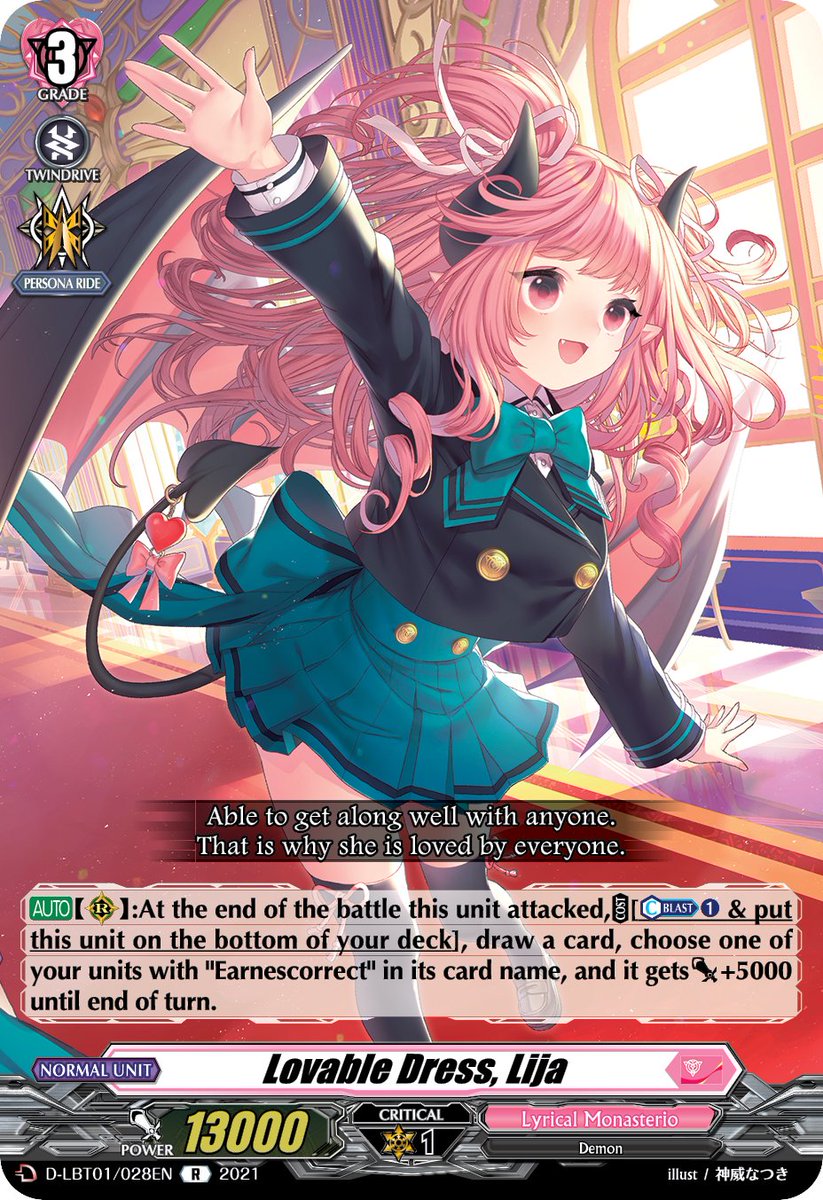 Gain draw and Power for your Earnescorrect units! Today's featured card is  Lovable Dress, Lija from Lyrical Booster Pack 01: Lyrical Melody! On sale  from October 22nd! Find out more: https://t.co/g5lbYXjWqf  #CardfightVanguard #