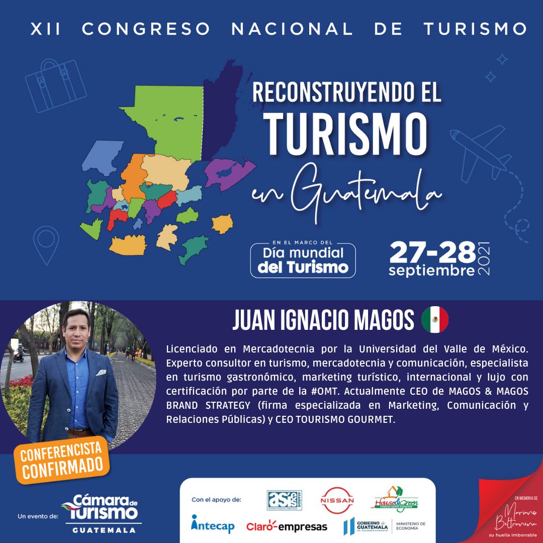CAMTUR1's tweet photo. Juan Ignacio Magos, CEO de Magos &amp; Magos Brand Strategy menciona que la pandemia da la oportunidad de unificar la región con todos los nichos turísticos importantes en cada país.

#CamturEsTurismo #GuateEsTurismo #TurismoSomosTodos
#CongresoTurismoGuate https://t.co/mC8PiQur9x