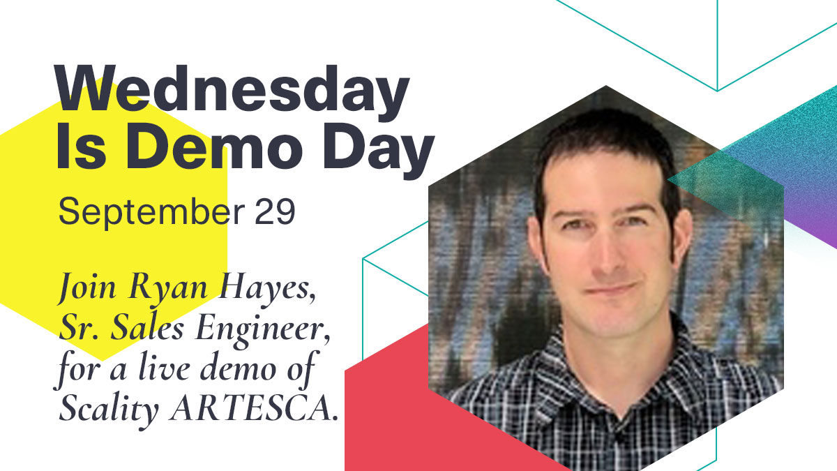 scality's tweet photo. WEDNESDAY IS DEMO DAY! Join our next demo with #RyanHayes, Sr Sales Engineer, to discover how #ARTESCA can help your business with its #cloudnative apps and #DataManagement. #Kubernetes #devops https://t.co/WUWpk9FKNU https://t.co/wijTNZKydC