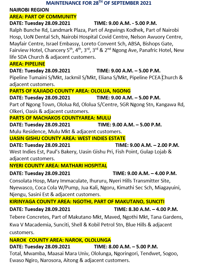 KenyaPower_Care's tweet photo. Good evening, the following areas are scheduled for maintenance tomorrow Tuesday 28th September 2021.^MM https://t.co/ULgtMWKlzA