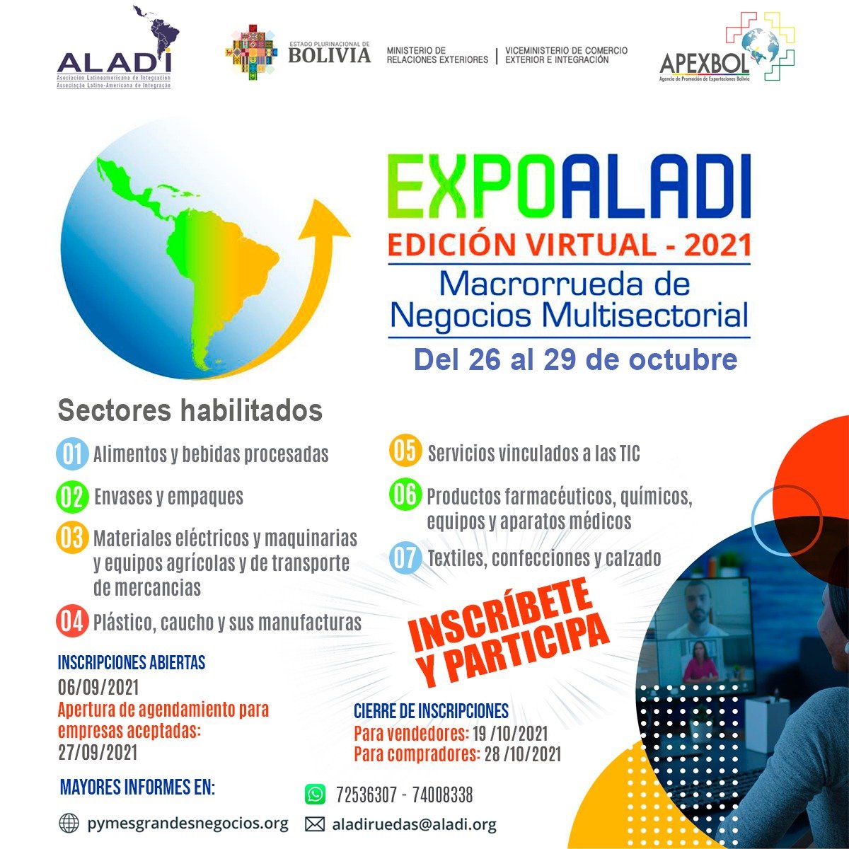 La <a href="/ALADI_SG/">ALADI</a> y el <a href="/MRE_Bolivia/">Cancillería de Bolivia 🇧🇴</a> invitan al evento: "Bolivia en la #ExpoALADI2021 Edición virtual  Macrorrueda de Negocios Multisectorial".

📌🗓️ Fecha: 29 de septiembre
📌🕦10:30 hrs.
📌Unete y participa aquí👇
us06web.zoom.us/j/87944103525
