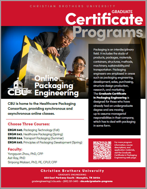 Obtaining CBU Packaging Engineering Graduate Certificate online by taking three classes!

ENGM 643 Healthcare Packaging and ENGM 645 Packaging Development will be offered in the Spring of 2022.

For more information: cbu.edu/academics/grad…

#Packaging #GraduateCertificate #CBU