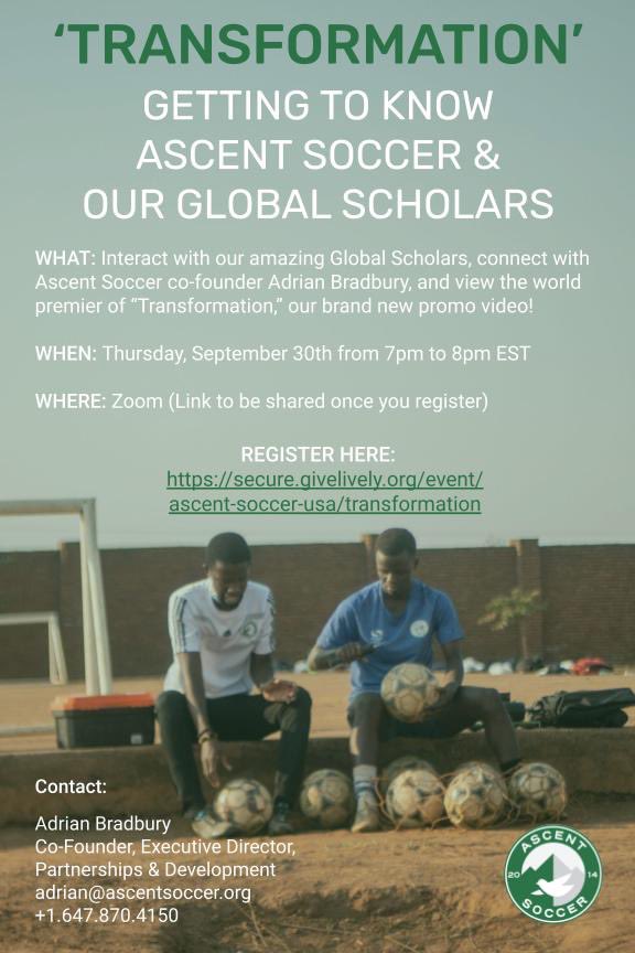 ascentsoccer's tweet photo. Meet Issa and our other courageous global scholars over Zoom this Thursday 9/30 at 7pm EST. 

🇺🇬 &amp; 🇲🇼 ➡️ 🇨🇦 &amp; 🇺🇸

RSVP here: https://t.co/0RjNHaQi9j https://t.co/5846O3H2XX