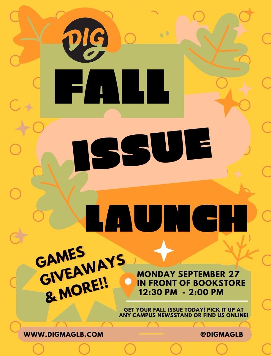 CSULBJPR's tweet photo. 🌟 TODAY! 🌟
Join @DIGMAGLB for their fall issue launch in front of the bookstore at 12:30 p.m.!
Meet the editor-in-chief, editors, writers and join in on the fun! See you there. 😊
#CSULB #DigMag #fallissue #CSULBJPR https://t.co/M8d0SZu4lC