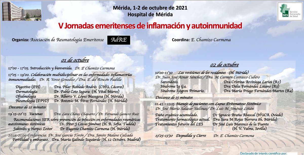 AREXredes's tweet photo. En unos días tendrán lugar las "V JORNADAS EMERITENSES DE INFLAMACIÓN Y AUTOINMUNIDAD", donde se tratarán temas muy variados e interesantes con ponentes de gran nivel! Os iremos informando en directo! Aquí el programa  @SEReumatologia @mgizquierdo  @aesjogren @Felupus 👇👇👇👇👇 https://t.co/3mMXKA8od7