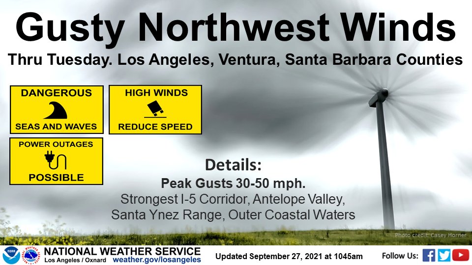 Gusty winds will affect portions of Los Angeles, Ventura, and Santa Barbara Counties.