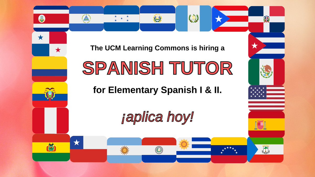 UCMLC's tweet photo. Join the Learning Commons' team! We are looking for a Spanish tutor for Elementary Spanish I and II. Check out our job listing! https://t.co/TjpC42bmNp #studentshelpingstudents https://t.co/dPY01Vw86h
