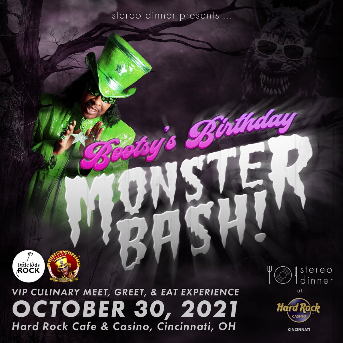 StereoDinner's tweet photo. Just announced: A portion of the proceeds from @bootsy_collins Birthday Monster Bash benefit @littlekidsrock – they transform lives through music education. Only 30 tix sold https://t.co/5cue6PFGzI

#vip #cincinnatievents #halloween #happybirthdaybootsy @silksonic @SnoopDogg https://t.co/WRXohRQkQy