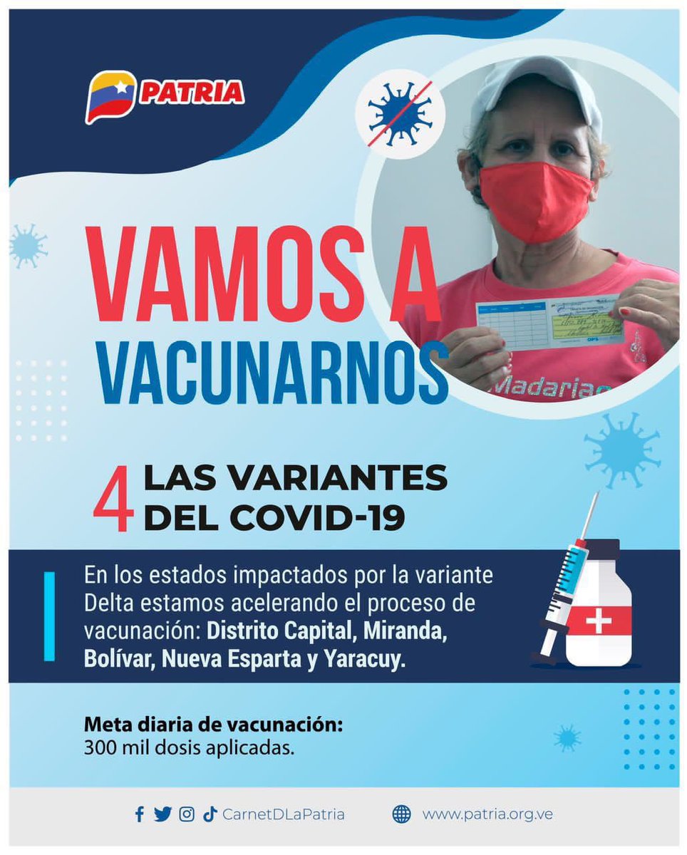 #Entérate El Gobierno Bolivariano triplica los esfuerzos de vacunación para proteger al pueblo venezolano de la Covid-19. ¡Máxima Precaución!

#27Sep #FelizLunes #JuntosContraLaCovid