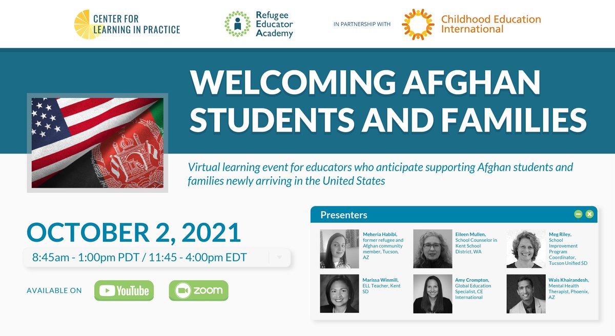 We're proud to partner on ‘Welcoming Afghan Students and Families,' a virtual event designed for educators in the US who expect to welcome Afghan students/families into their communities. 

Occurring on 10/2 from 11:45am-4:00 PM EDT. 

Register: bit.ly/3hW5ydA