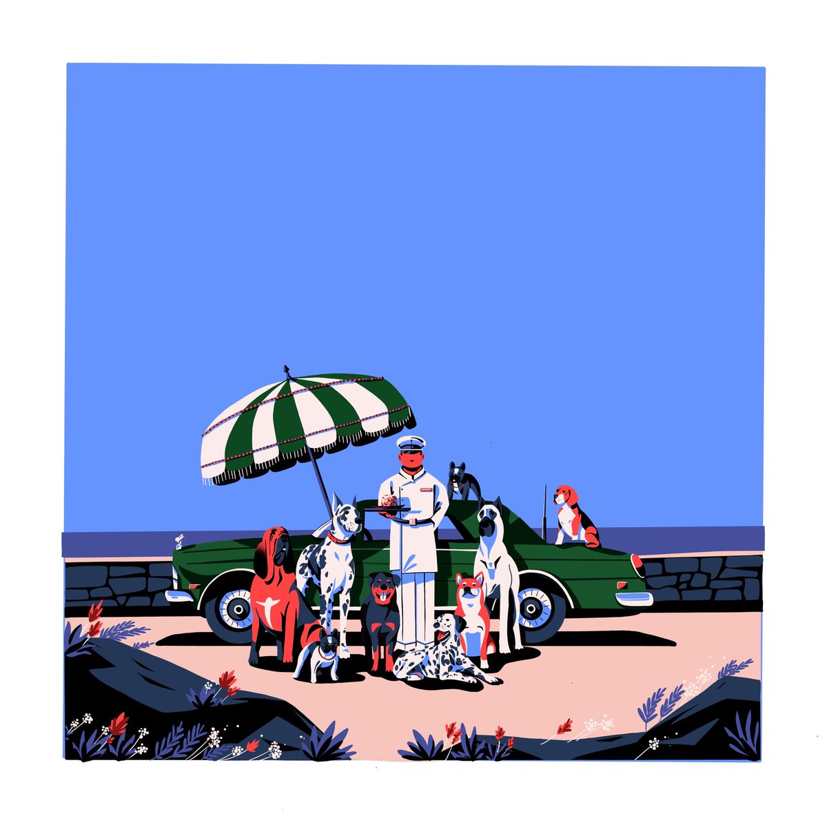 A lunch by the sea.

Dogs, car and butler. Sounds like the perfect mix to me. 
#illustration #NFTs #butler #dogobsession