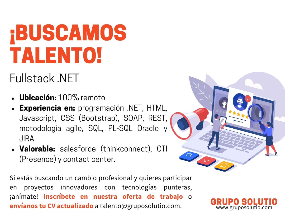 Grupo_Solutio's tweet image. Seleccionamos a un/a #ProgramadorFullstack .NET para proyecto estable y full remote.
➡Aplica aquí: bit.ly/3EZYRB6
➡Envíanos tu CV a talento@gruposolutio.com
#SolutioTalent #fullstack #teletrabajo #programación #agile #oracle #empleosit #itjobs
