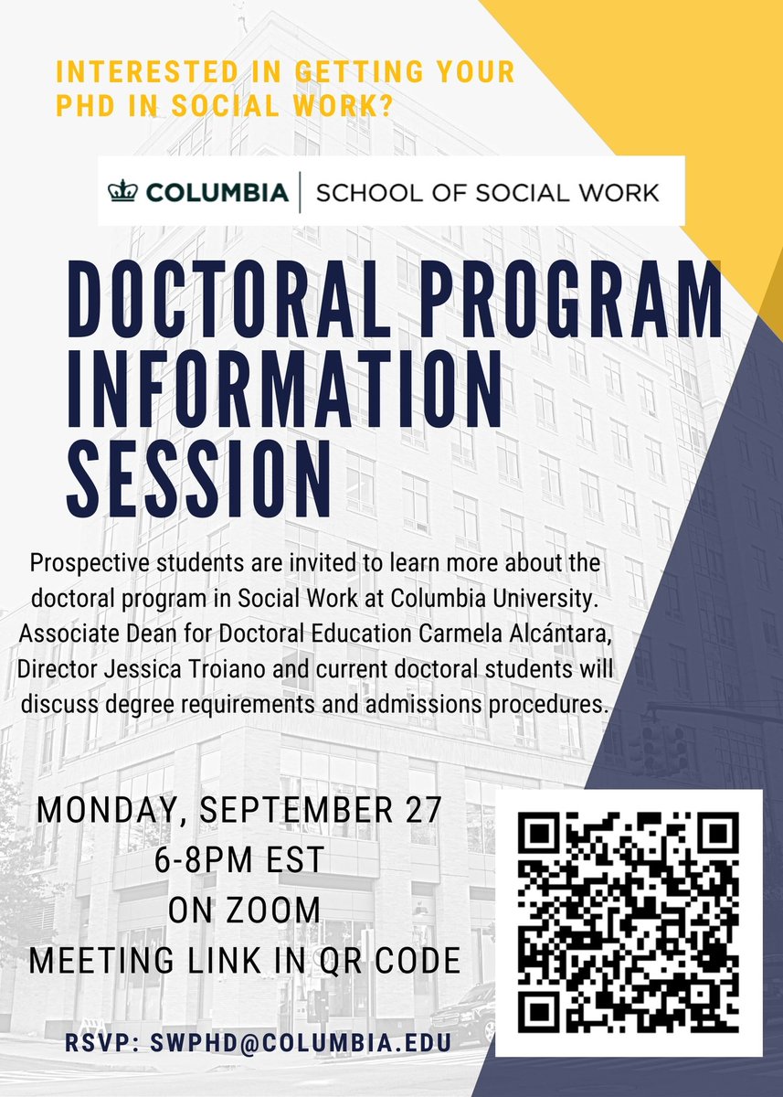 Dr. Carmela Alcantara (@alcantaraphd) on Twitter photo Interested in a PhD in #socialwork <a href="/ColumbiaSSW/">ColumbiaSocialWork</a> ? Join me and Jessica Troiano, Director of the Doctoral Program, TONIGHT @6PM EST for an information session! More info: bit.ly/39wCHrJ Interested in a PhD in #socialwork <a href="/ColumbiaSSW/">ColumbiaSocialWork</a> ? Join me and Jessica Troiano, Director of the Doctoral Program, TONIGHT @6PM EST for an information session! More info: bit.ly/39wCHrJ
