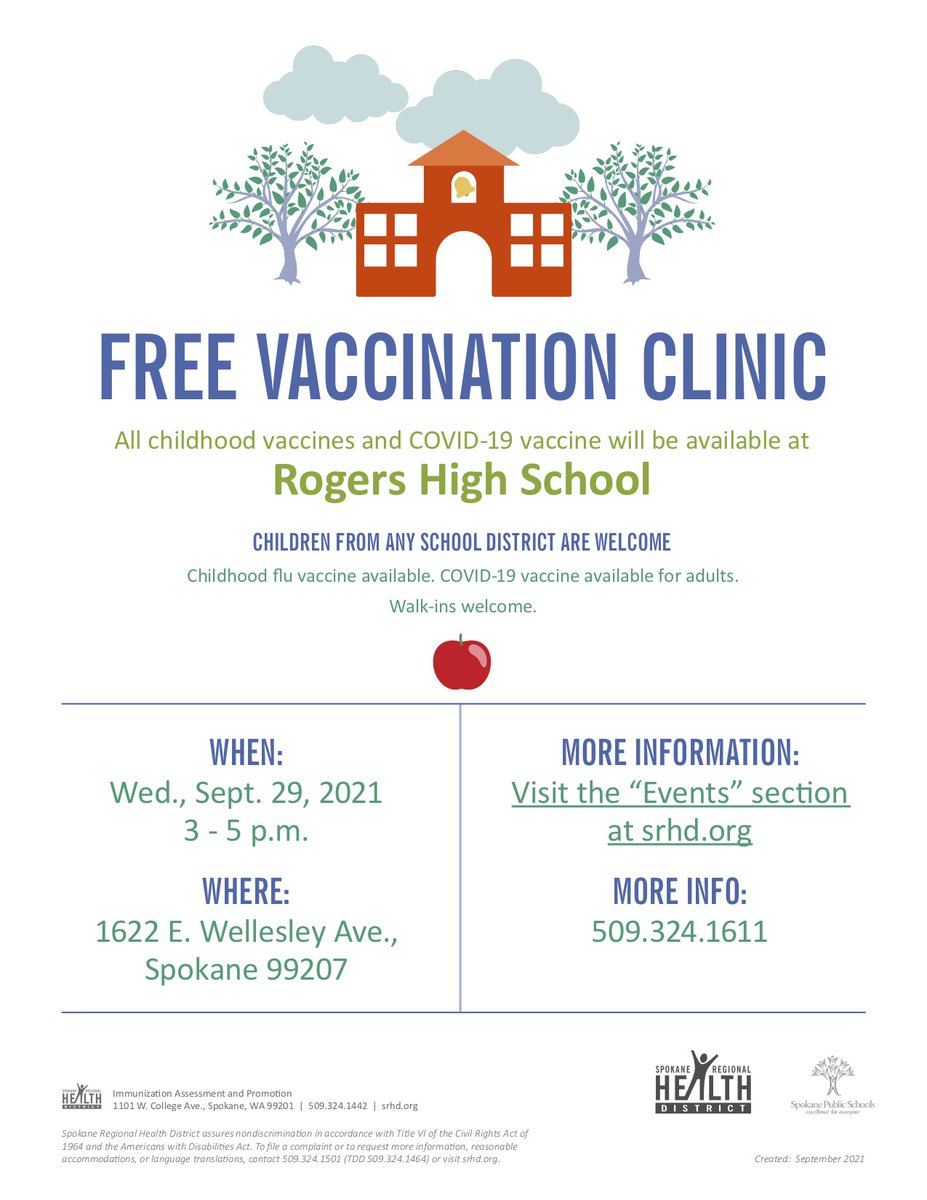 spokaneschools's tweet photo. VACCINATION CLINIC: Stop by the free @spokanehealth childhood vaccination clinic from 3-5p tomorrow (Sept. 28) at Rogers HS. The flu &amp; COVID vaccine will also be available for those interested. Students do not need the COVID vaccine to attend school.

Find more info below ⬇ https://t.co/1pR7aZWWUV