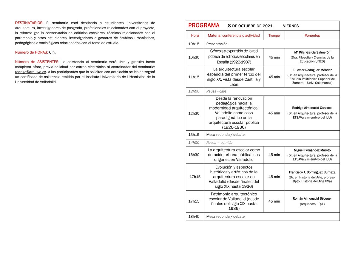 Estamos "cocinando" esto para dentro de 2 viernes en el <a href="/IUU_UVa/">Instituto Universitario de Urbanística</a>...

Si estáis interesados podéis asistir presencialmente en la @ETSAValladolid (con certif. asistencia) o por el canal de YouTube del I.U.U.

+info: iuu.uva.es/posgrado/forma…

Se agradece RT. 🙃
PID #iTAU / #iTAU3