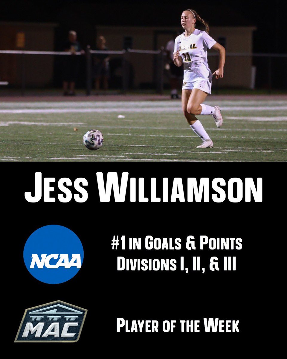 DVUWSoccer's tweet photo. Congratulations to first year forward Jess Williamson! With 14 goals and 33 points so far this season, she is currently ranked #1 in the NCAA (Divisions I, II, and III). For her efforts this week, Jess was also named MAC Offensive Player of the Week! #TogetherWeDoMore https://t.co/Z0XQp0rQHk