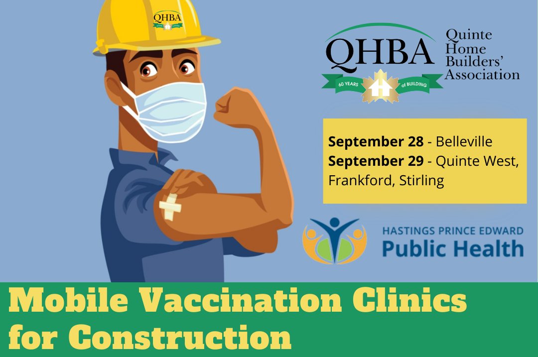 HPEPublicHealth's tweet photo. Upcoming vaccination clinics with Quinte Home Builders Association tomorrow and Wednesday.
🚧🏠🦺💪🛠🚧
Clinics open to all onsite construction workers for first or second vaccines. No appointment necessary.
#Construction #HPEStrong #BayofQuinte https://t.co/B0Rzn8SLl7