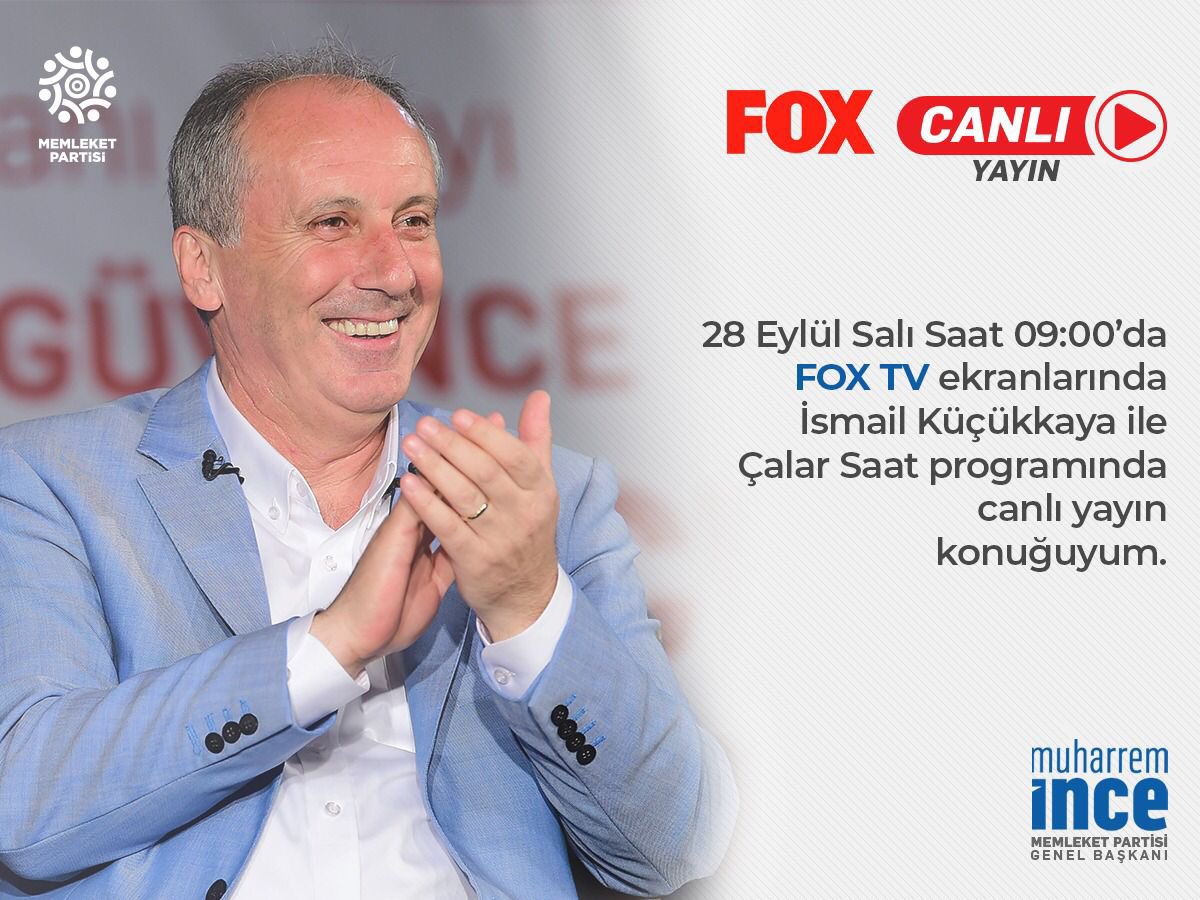 vekilince's tweet photo. FOX TV ekranlarında İsmail Küçükkaya ile Çalar Saat programının canlı yayın konuğu olacağım. Bir maniniz yoksa yarın ekran başında buluşalım. ☺️ 

Tarih: 28 Eylül Salı
Saat: 09.00 https://t.co/H9uhmxT5WN