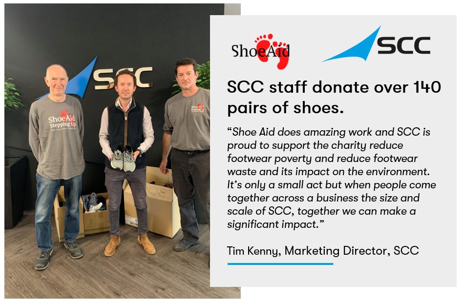 SCC_UK's tweet photo. Thank you to our staff who donated over 140 pairs of shoes to the @shoe Aid charity.  
We are proud to be able to support a charity that works to fight footwear poverty and shoe waste in landfill. 
#StrongerTogether #Recycling #ShoeAid https://t.co/uSg4Dsp7vT